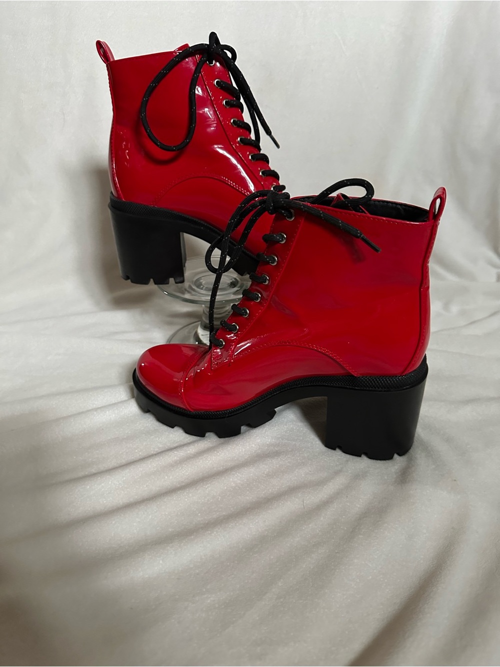 Red Patent Lace-Up Chunky Heel Ankle Boots - Women's